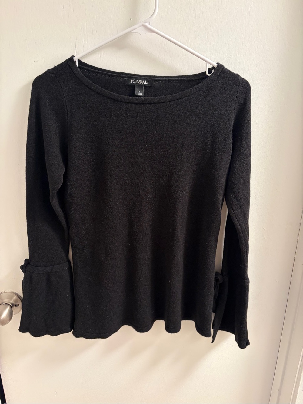 Roz & Ali Black Bell Sleeve Tie Detail Knit Sweater Top Size Small